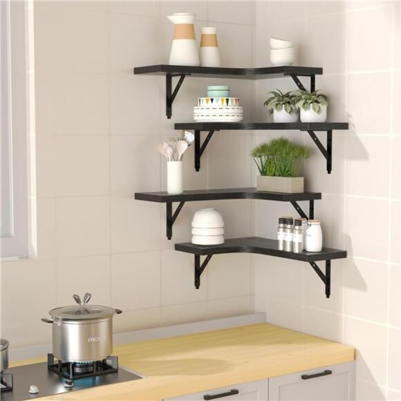 Corner Floating Shelves Wall Mounted Set of 4, Rustic Wood Storage Display Wall - Picture 2 of 8